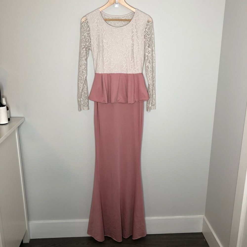 PINK & White Lace Peplum Floor‎  Length Gown